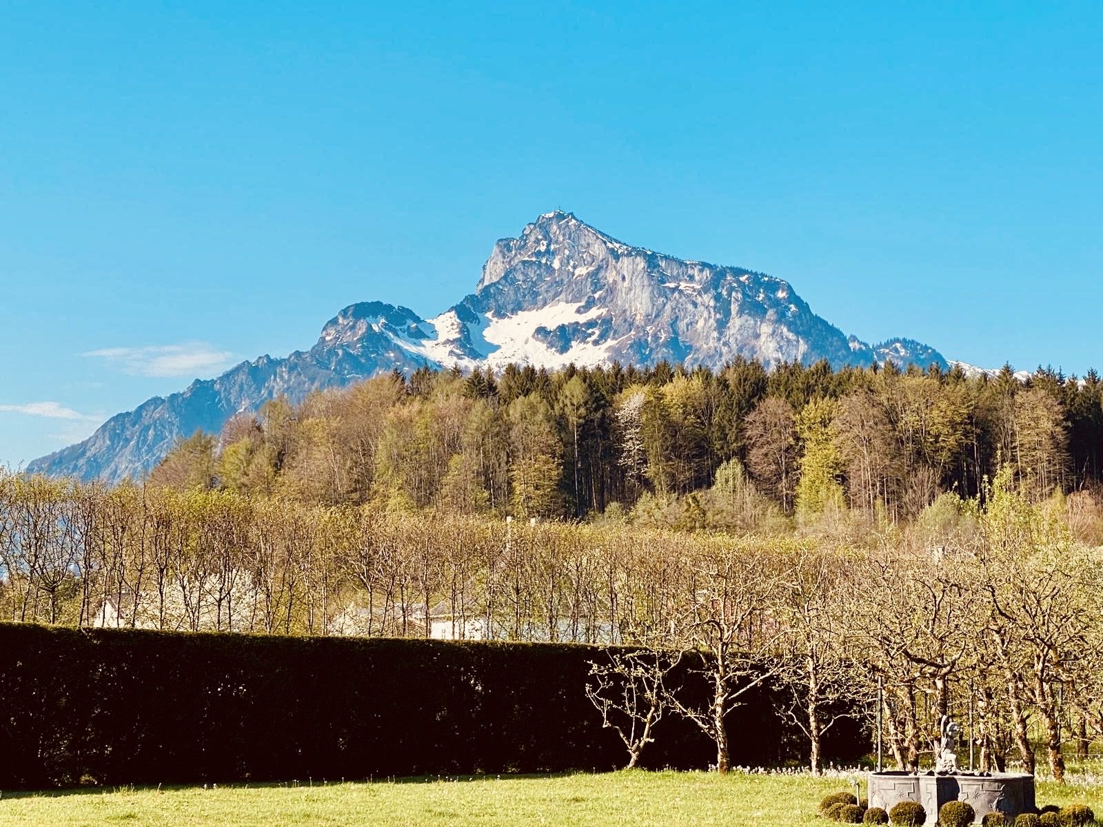 View of the Untersberg massif across the estate's hedge-lined allee