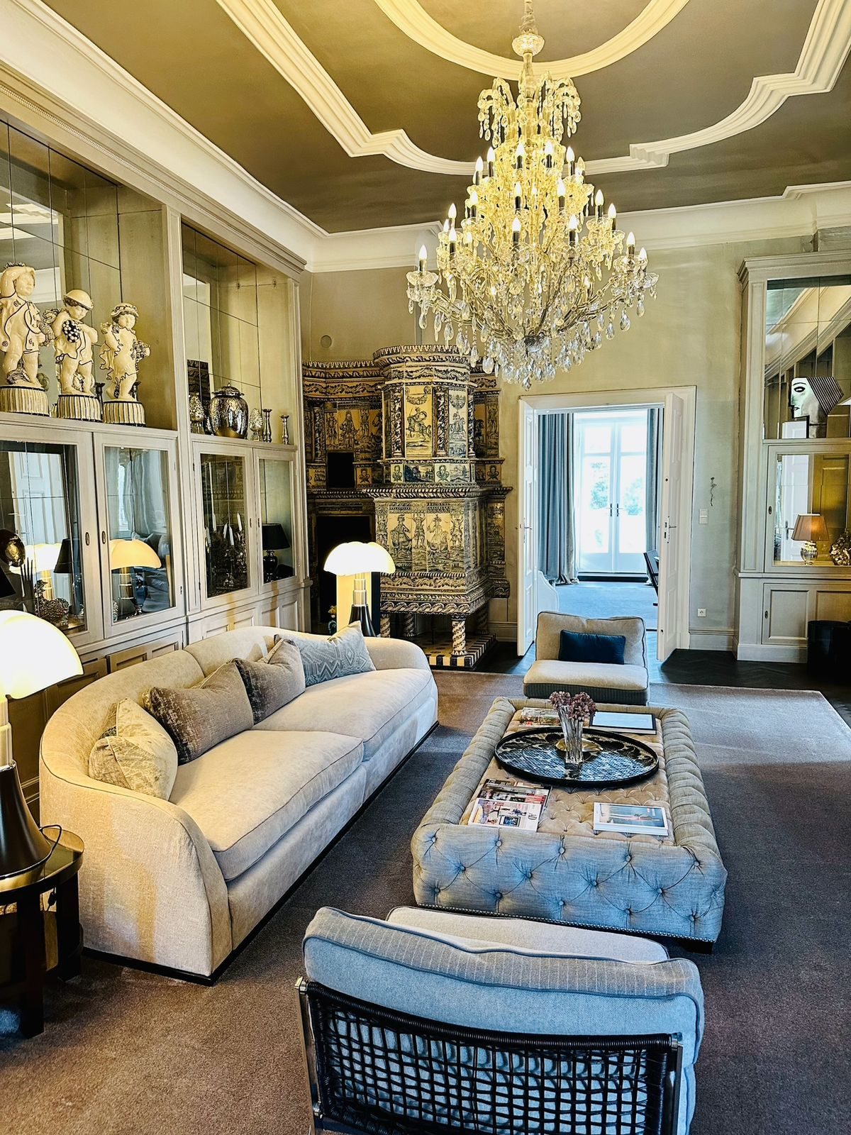 Gallery interior with mirrors catching winter light